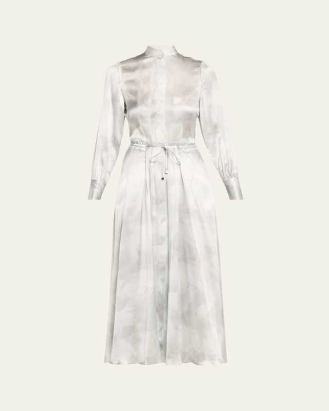 Long Sleeve Printed Drawstring Silk Dress